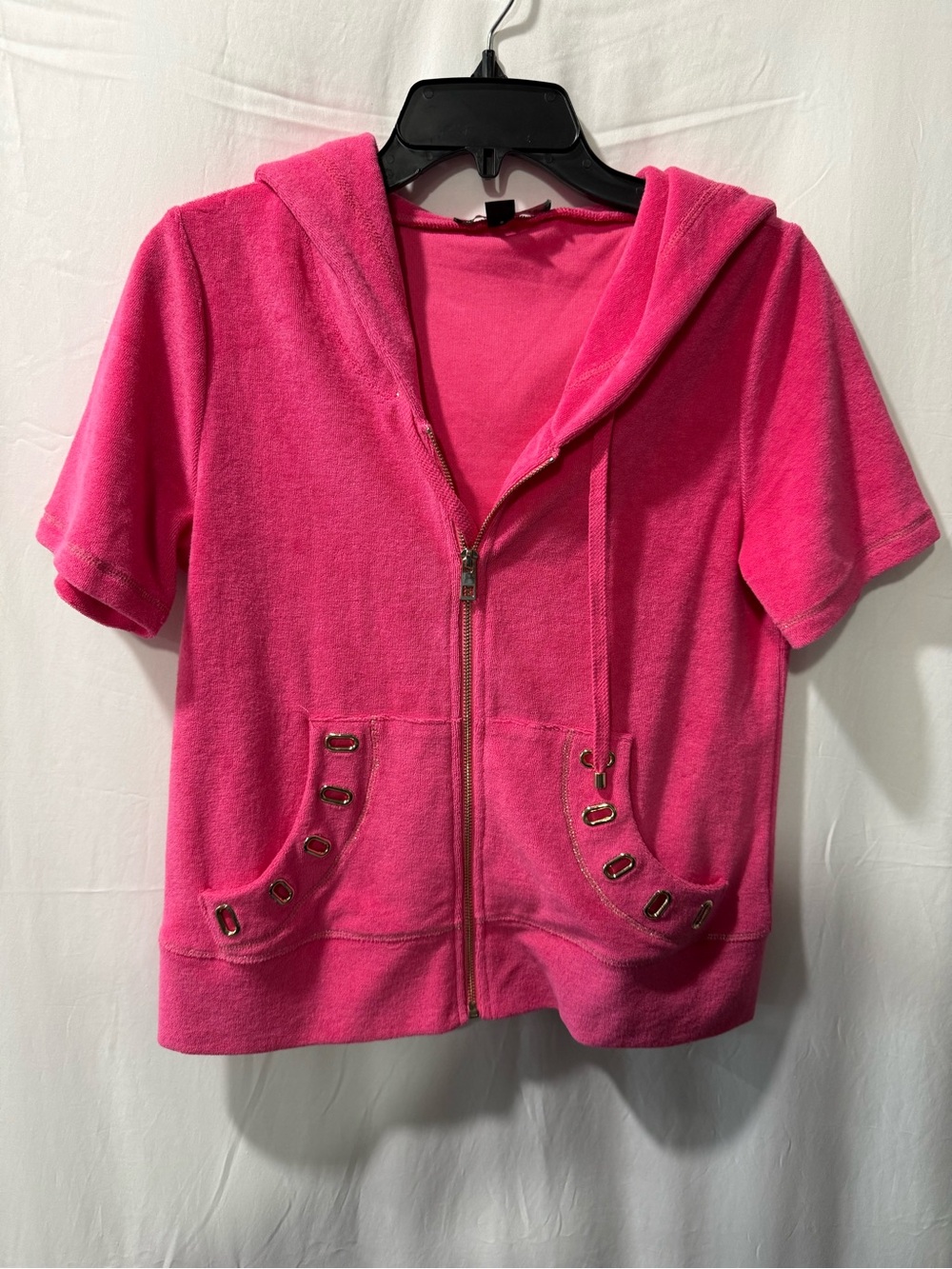Boston Proper Hot Pink Short-Sleeve Hooded Zip-Up